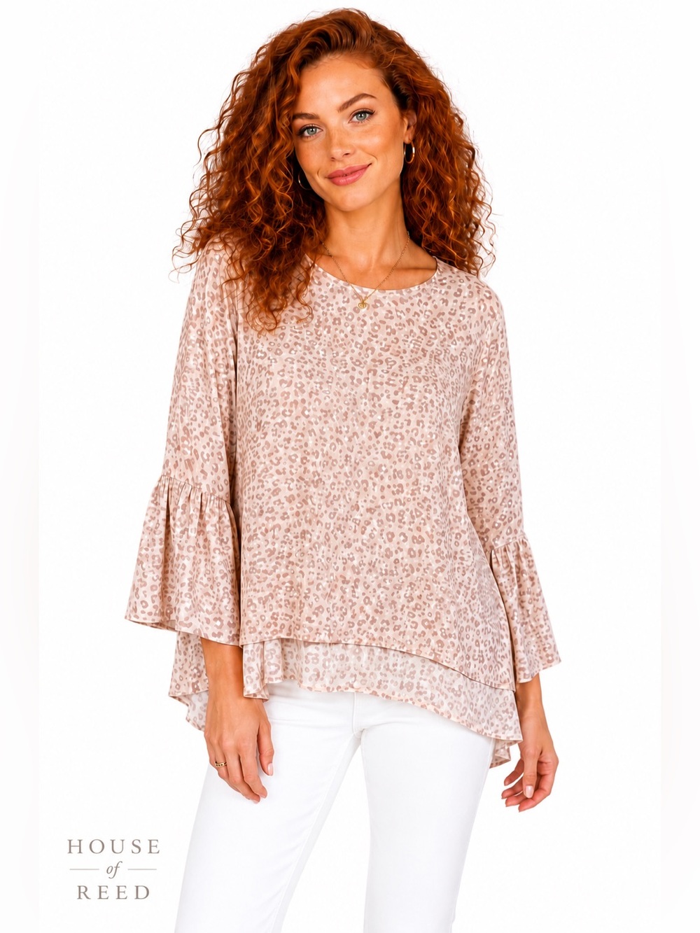 LaRoque Original Silk Blend Leopard Print Bell Sleeve Tunic Top OS Beige Neutral